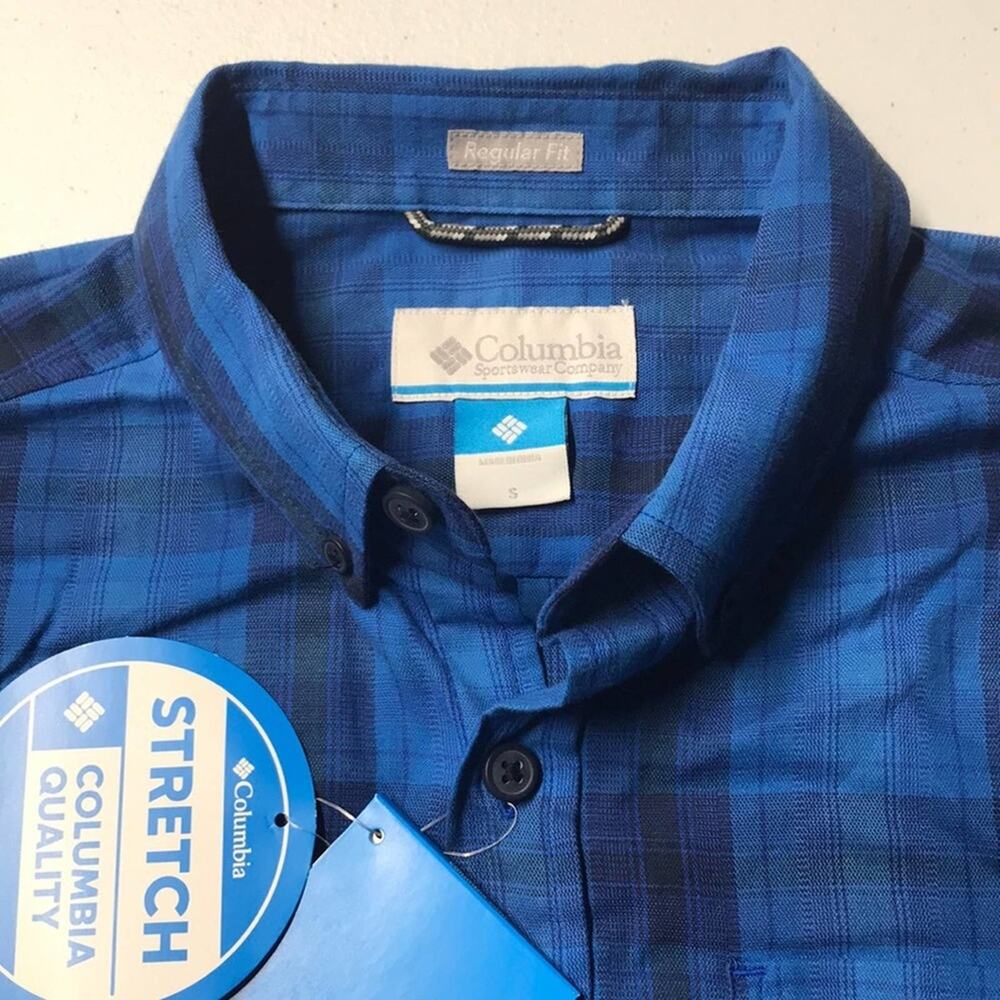 COLUMBIA Men's Small Blue Plaid Cotton Shirt